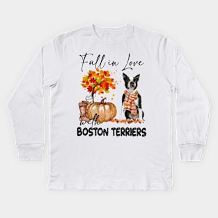 Fall In Love With Boston Terriers Fall Pumpkin Thanksgiving Kids Long Sleeve T-Shirt